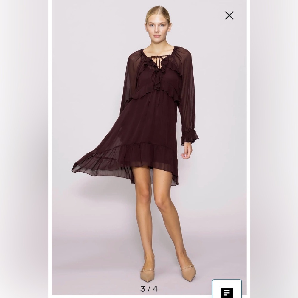 Ruffle Long Sleeve Chiffon Babydoll Dress Maroon